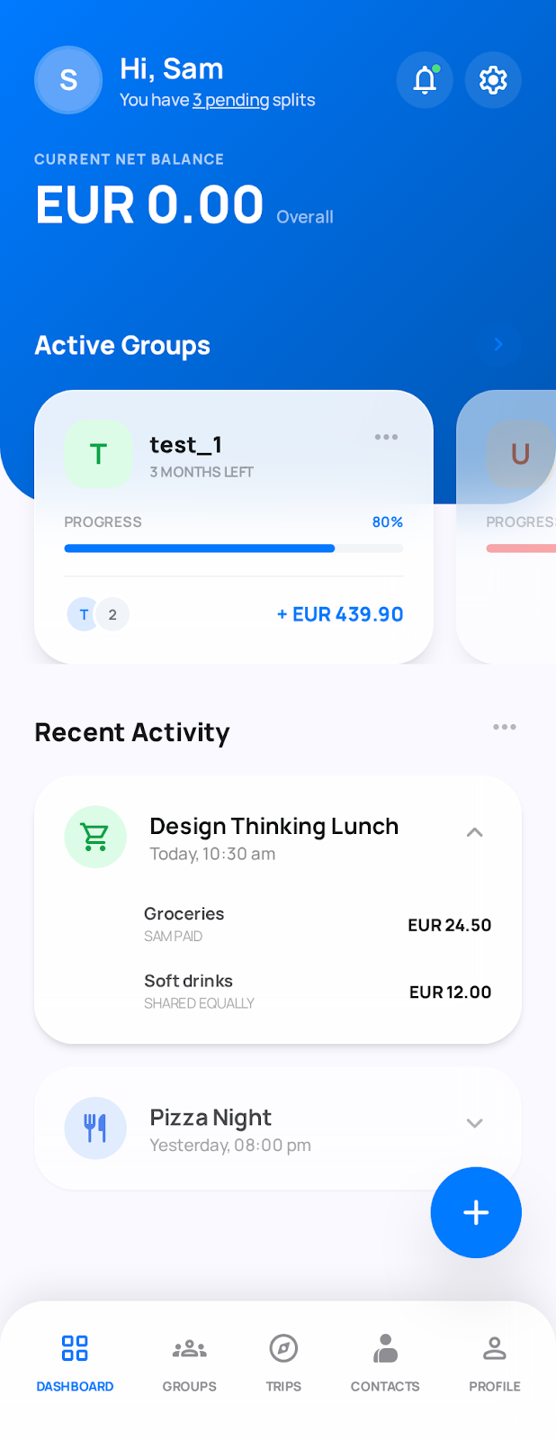 Splix dashboard showing active groups, trips, and recent activity